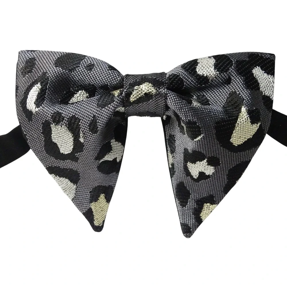 Mens Leopard Print Bow Tie Grey Silver Metallic Diamond Point Pre-Tied Formal‎